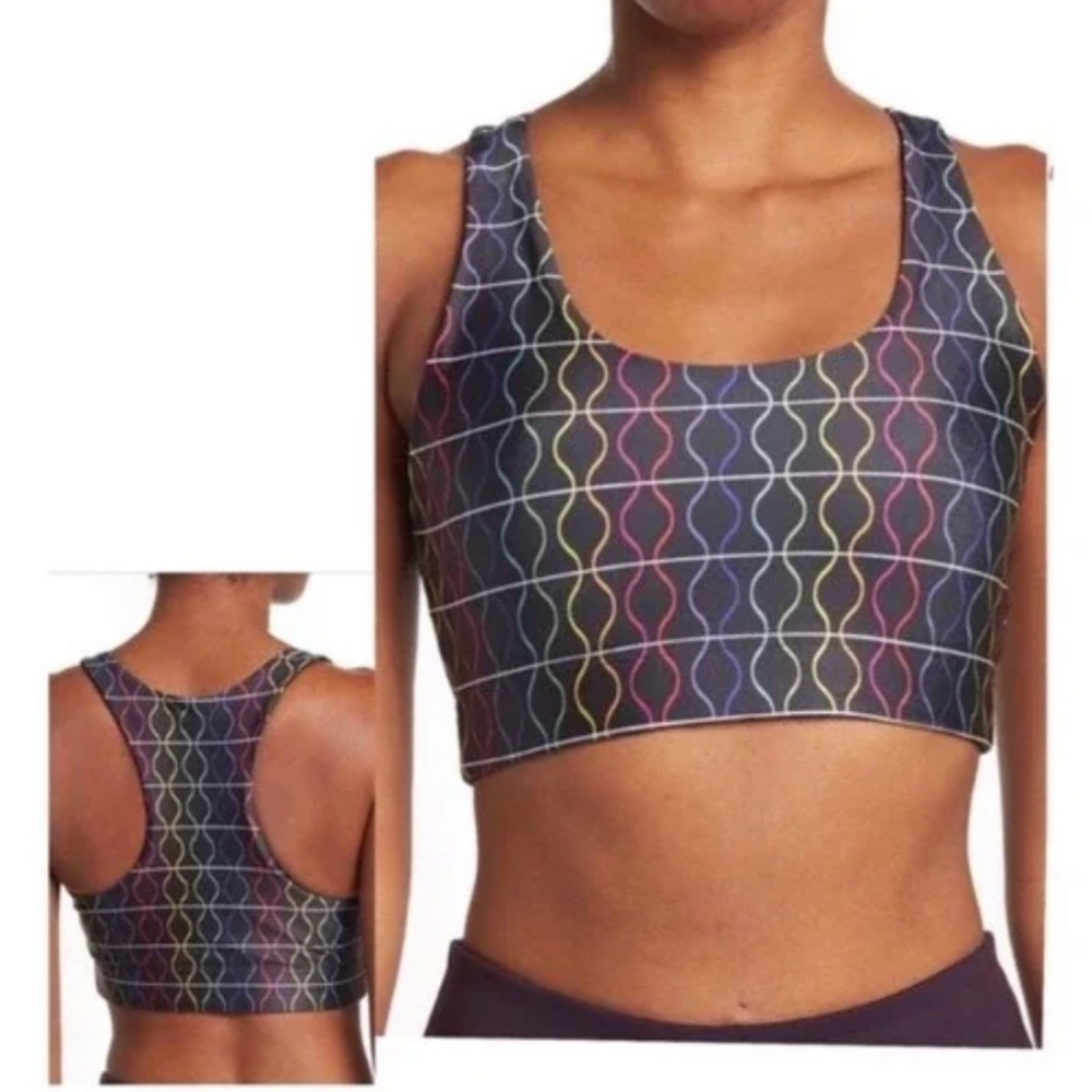 Terez Hi-Shine Wireless Sports Bra 2550 in Black Rainbow Sound Waves racerback